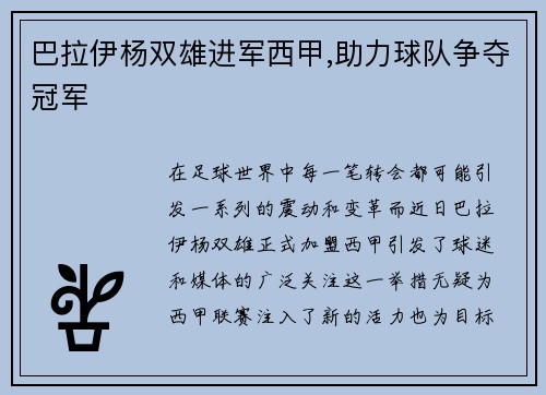 巴拉伊杨双雄进军西甲,助力球队争夺冠军