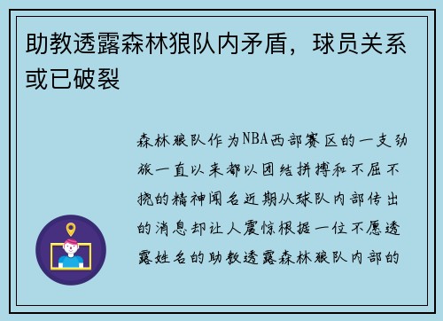 助教透露森林狼队内矛盾，球员关系或已破裂