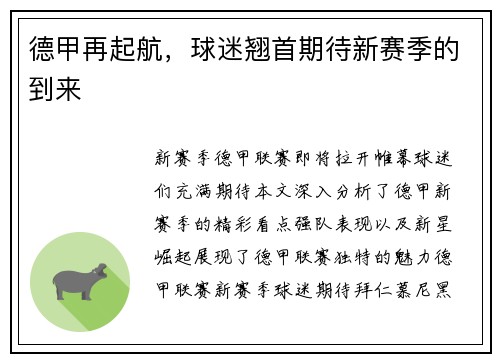 德甲再起航，球迷翘首期待新赛季的到来